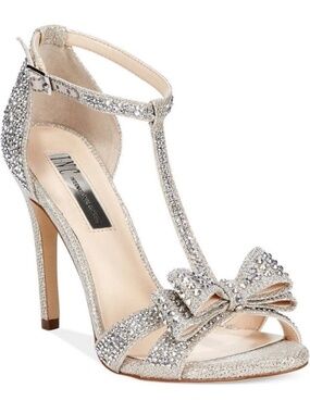 INC INTERNATIONAL CONCEPTS Reesie Silver Rhinestone Bow Evening Sandals, 9.5